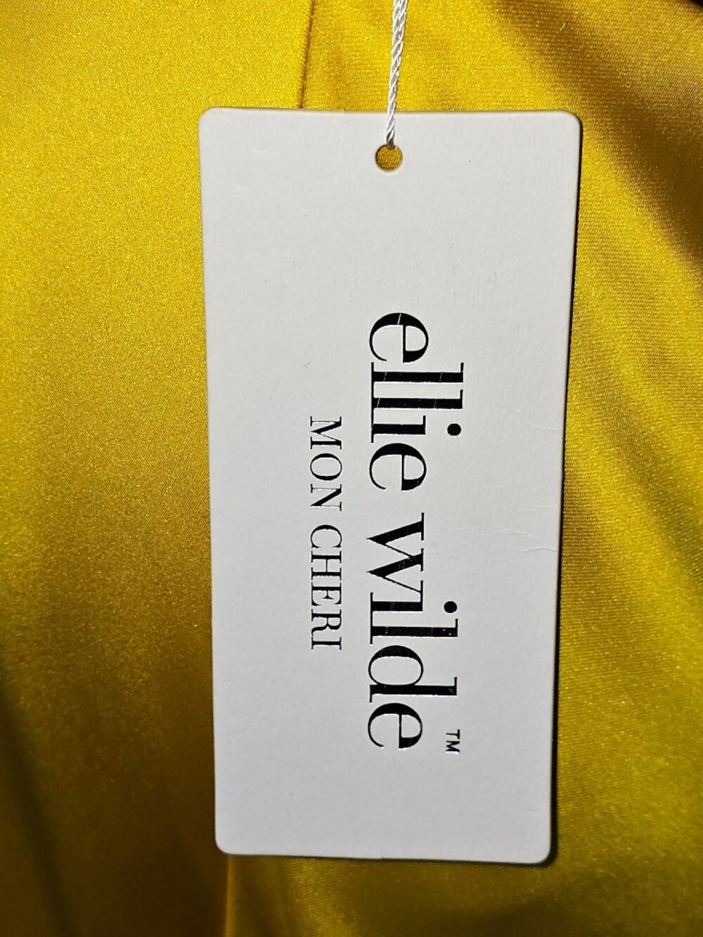 NWT Ellie Wilde Mon Cheri Sunflower Yellow Satin Long Prom Dress Size 16 1751 - Picture 11 of 16